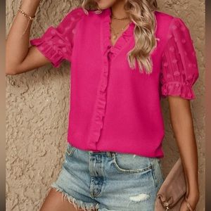 NWT: Luxe hot pink Swiss dot  sleeve frill  trim blouse